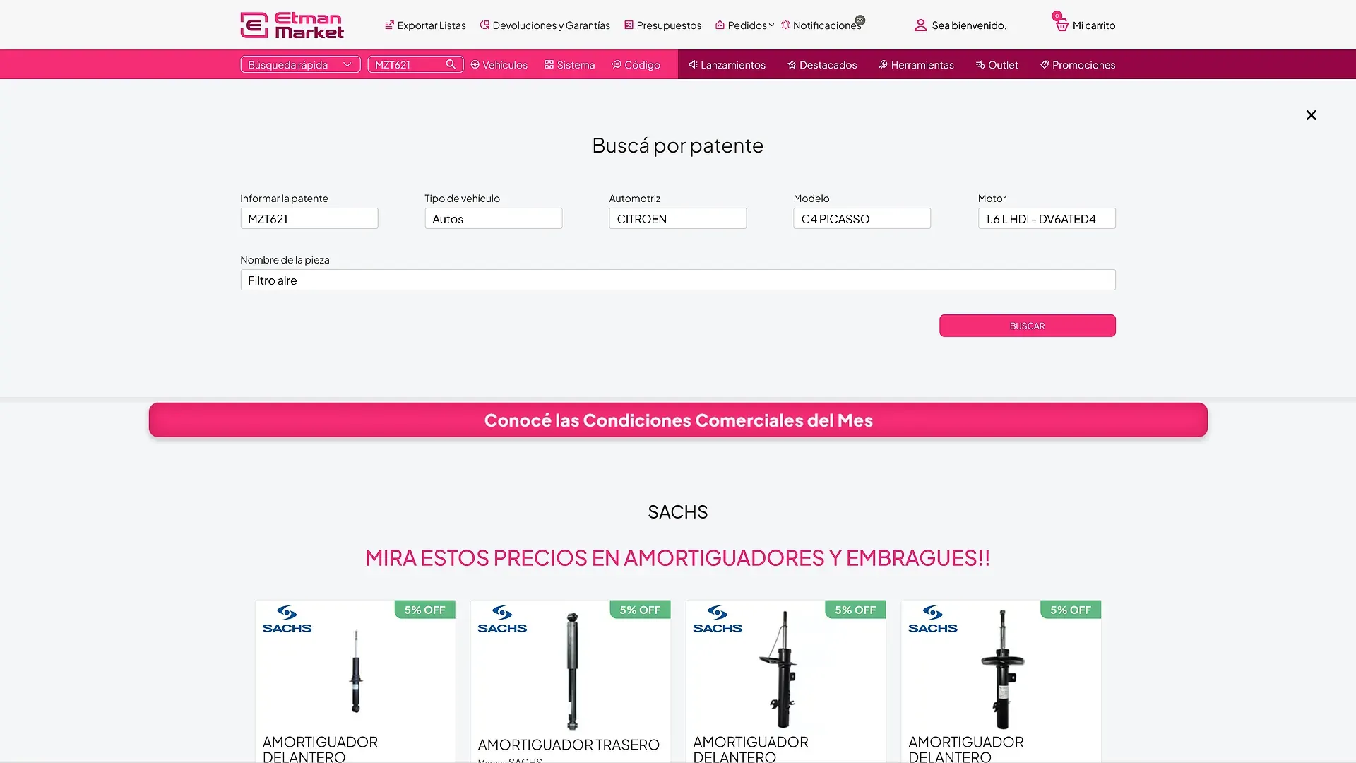 Búsqueda por patente con marca, modelo y motor completados automáticamente