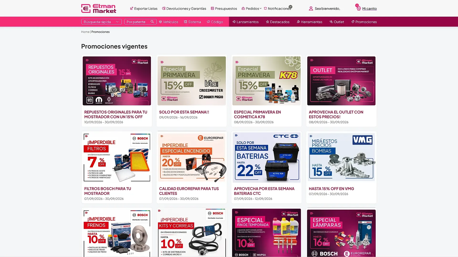 Grilla de promociones vigentes con sus fechas de inicio y cierre