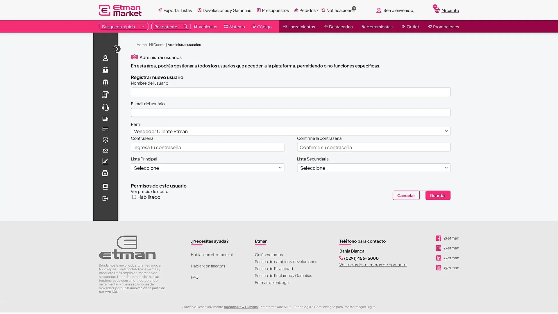 Pantalla de administración de usuarios con perfiles y permisos